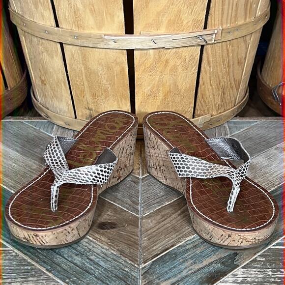 Sam Edelman Romy Metallic Snakeskin Leather Cork Wedge Thong Sandal Women Size 8 - Picture 7 of 11